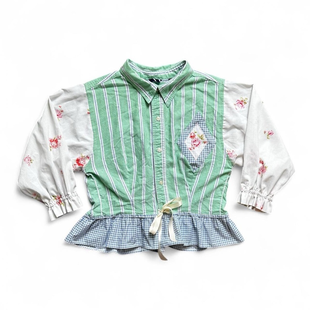 One of a kind Handmade Striped, Gingham & Floral Peplum Blouse Womens M/L